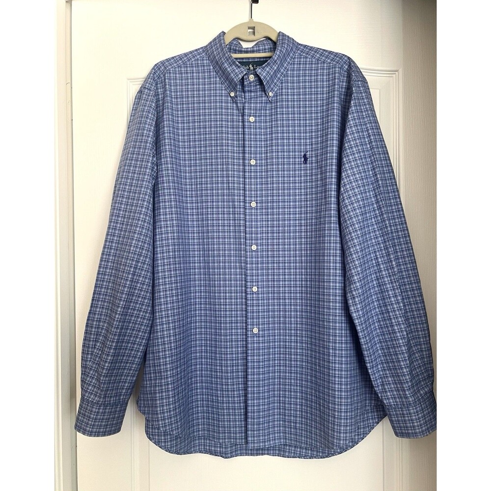 Ralph Lauren Men's Classic Fit XL Blue Check Long Sleeve Cotton Shirt Quiet Mone